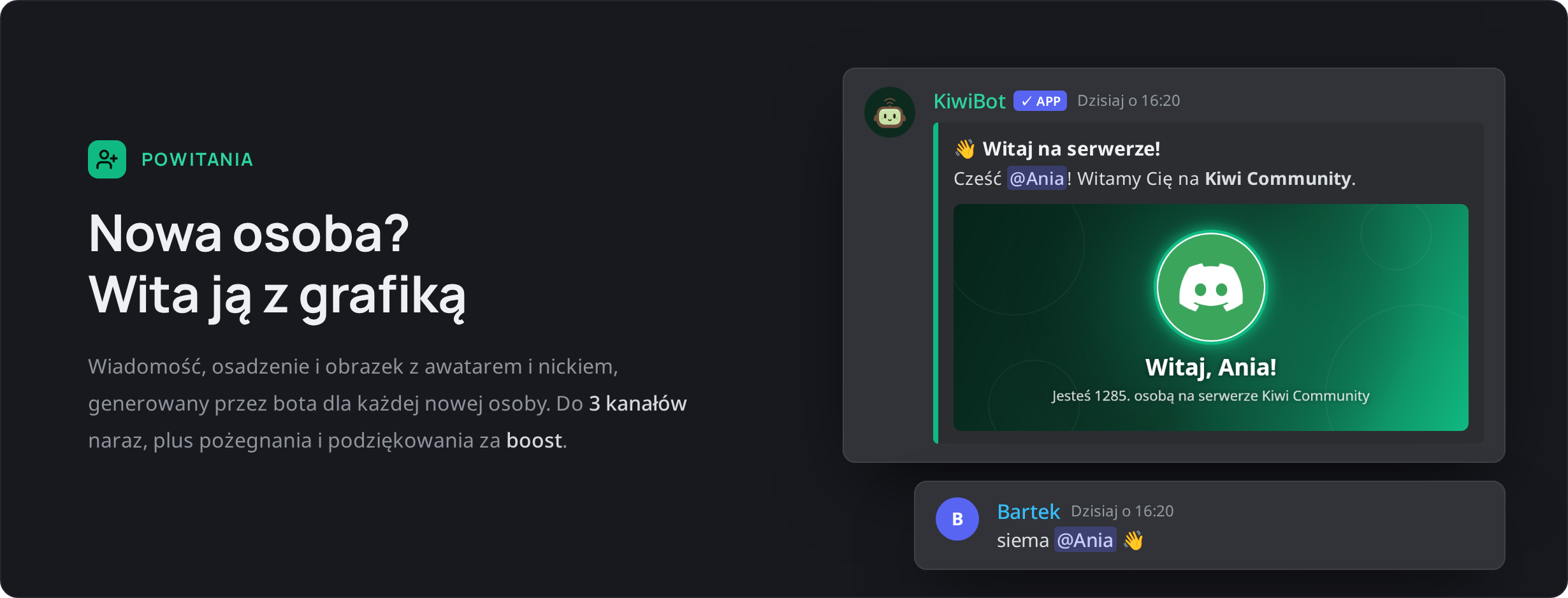 KiwiBot wita nową osobę grafiką powitalną