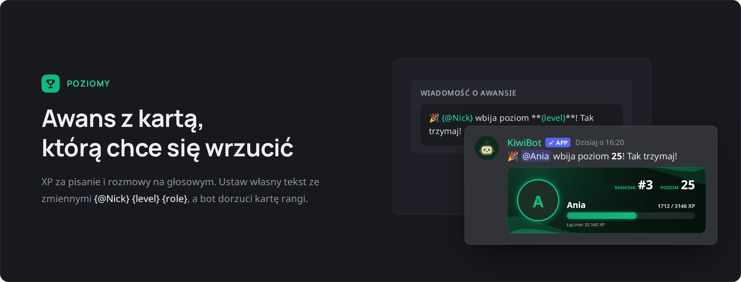 Wiadomość KiwiBota o awansie z kartą rangi